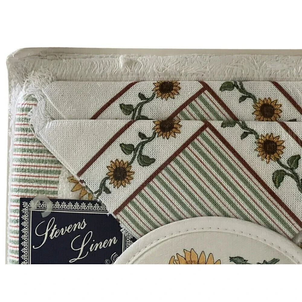 Vintage Stevens Linen Placemats Napkins Potholder Original Packaging Bird Flower
